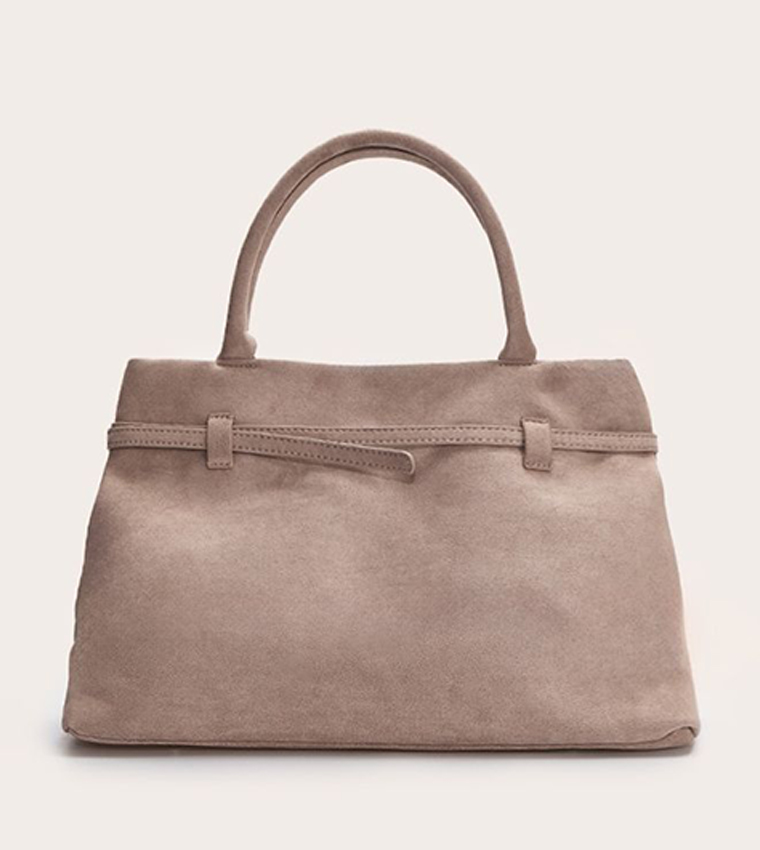 Suede Buckle Detail Structured Tote Bag