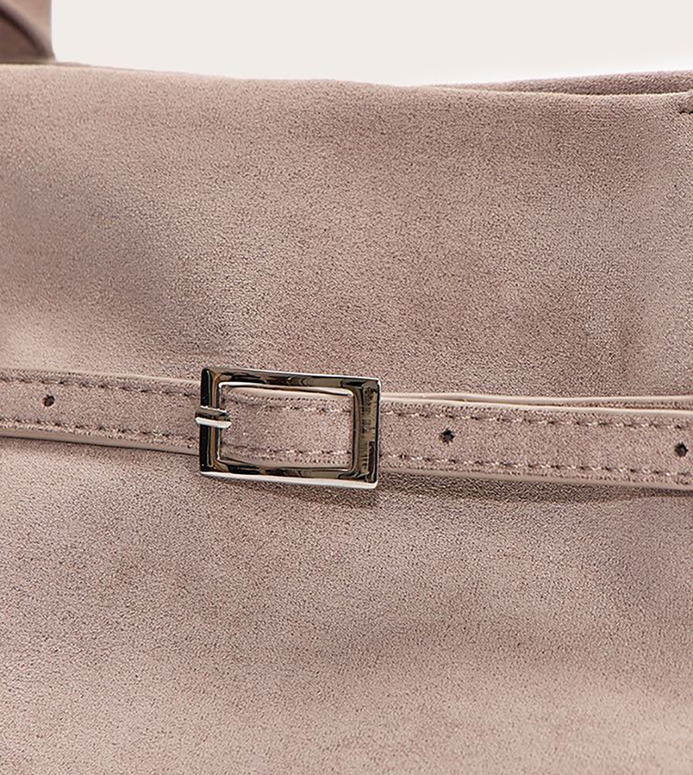 Suede Buckle Detail Structured Tote Bag
