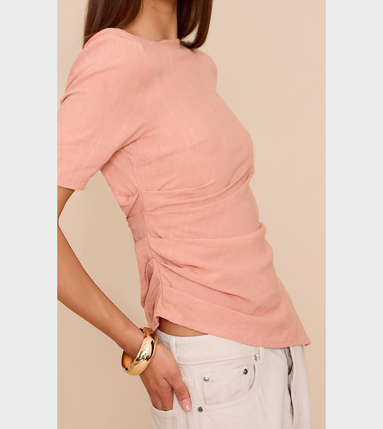 Solid Linen Look Ruched Side Detail Top