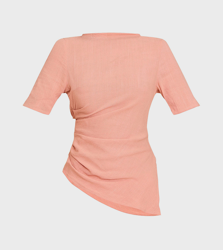Solid Linen Look Ruched Side Detail Top