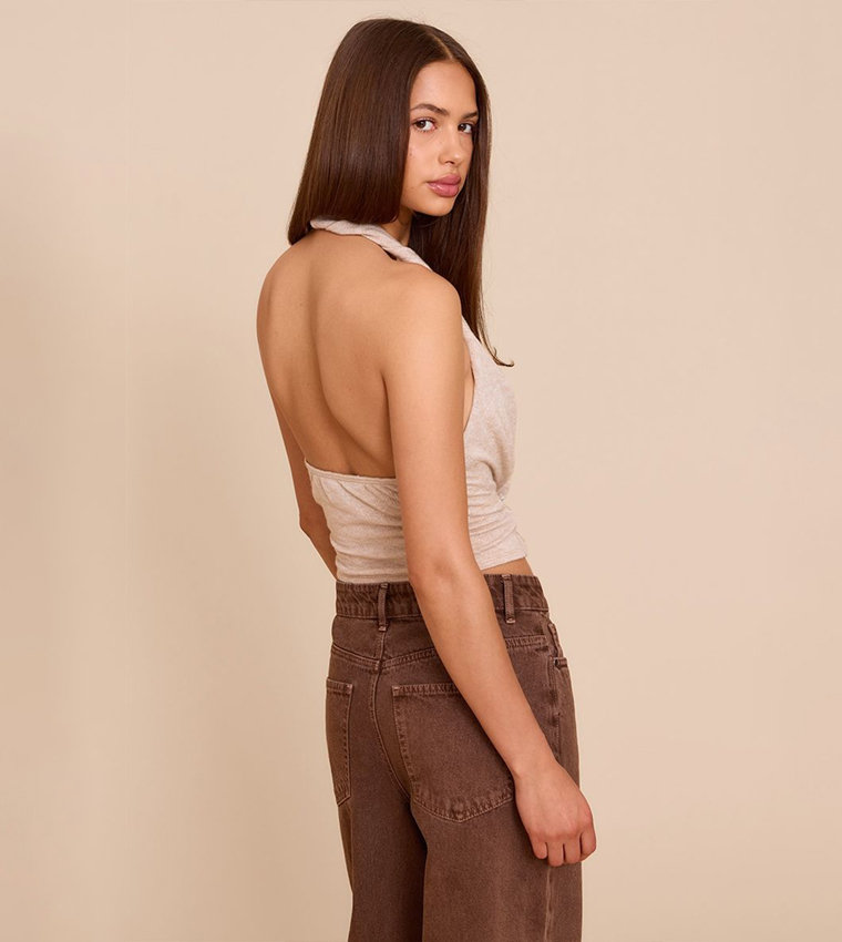 Textured Stretch Cowl Neck Crop Top
