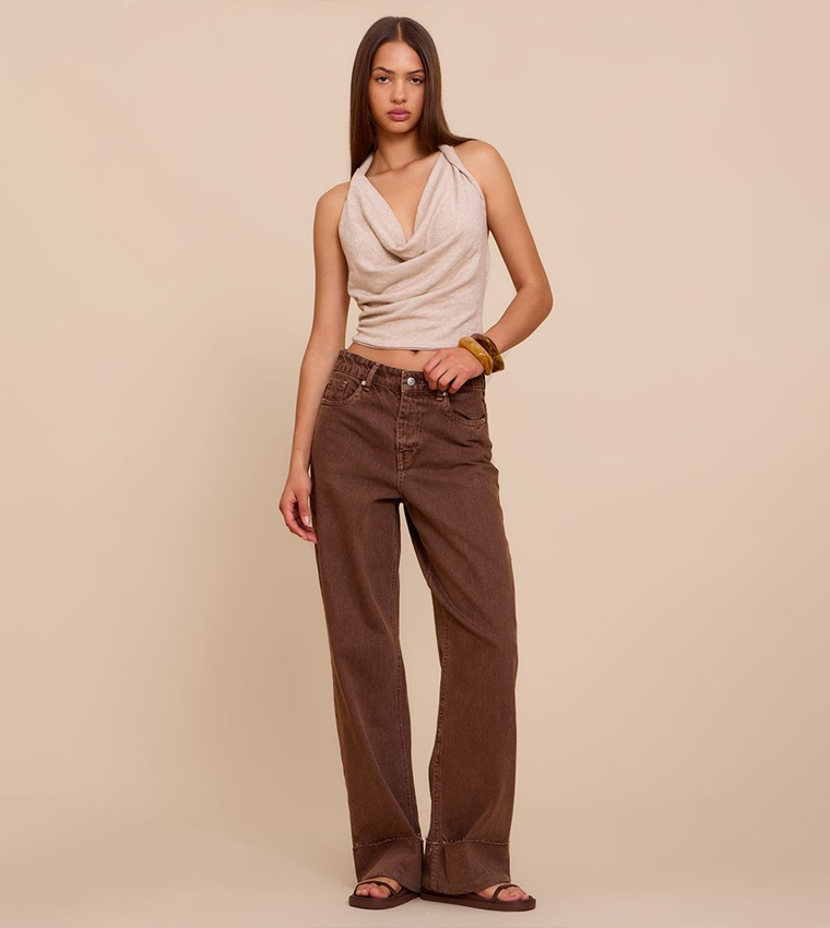 Textured Stretch Cowl Neck Crop Top