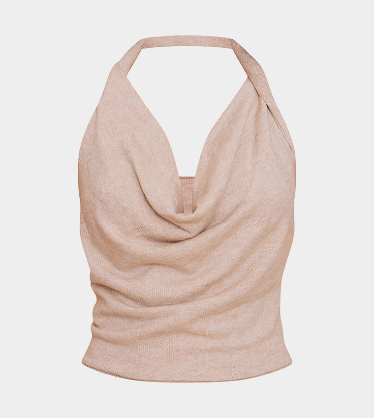 Textured Stretch Cowl Neck Crop Top