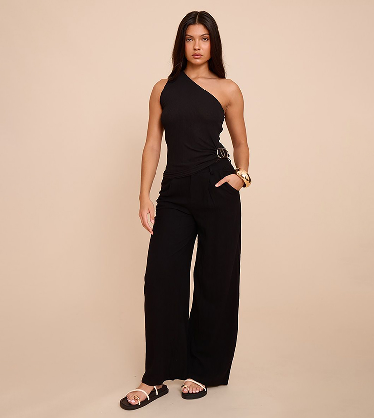 Ribbed Trim Detail One Shoulder Top