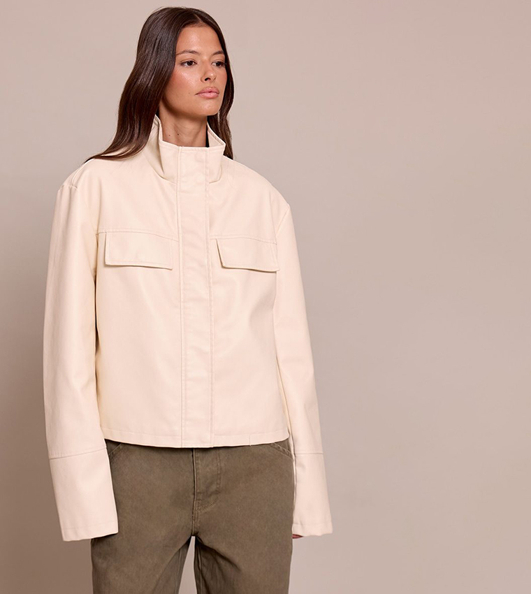 Faux Leather Funnel Neck Jacket
