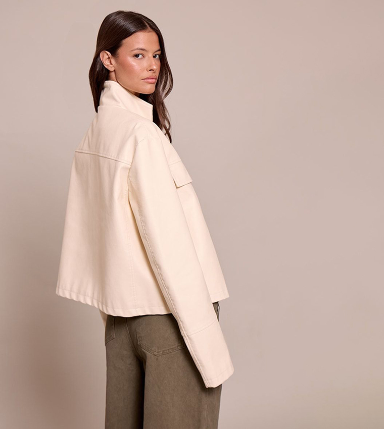 Faux Leather Funnel Neck Jacket