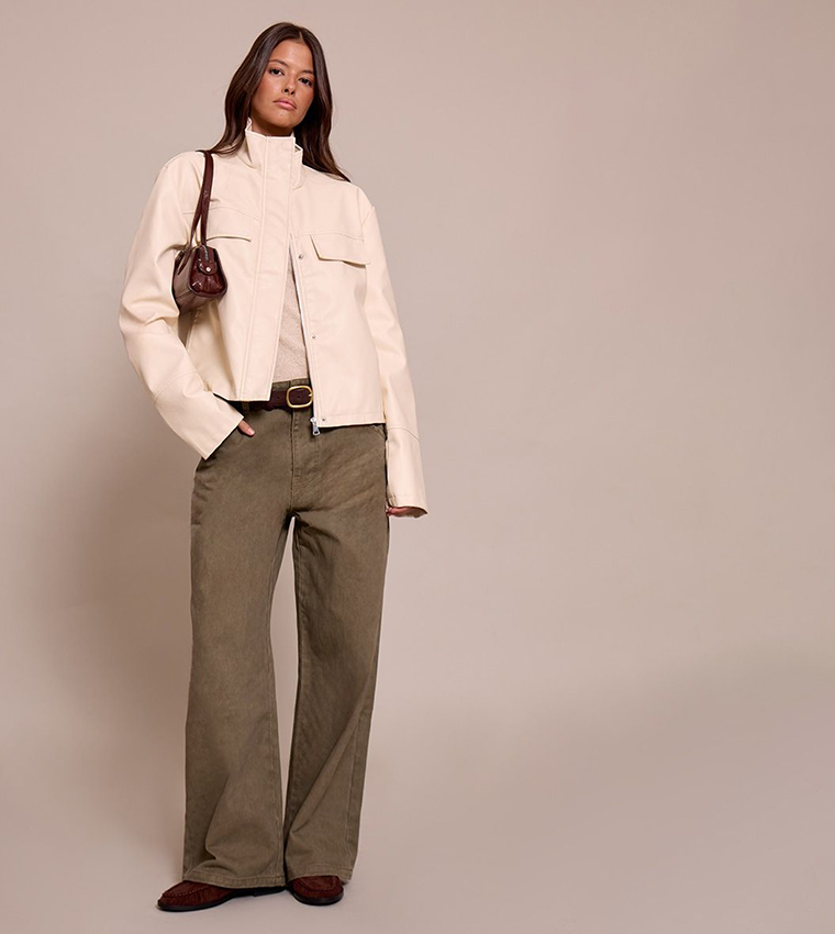 Faux Leather Funnel Neck Jacket