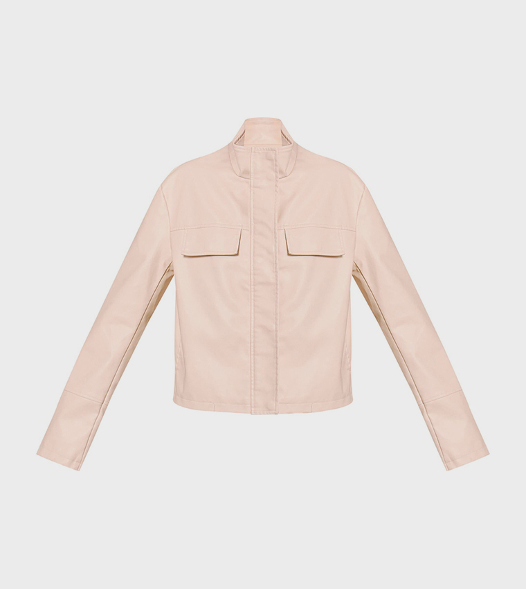 Faux Leather Funnel Neck Jacket