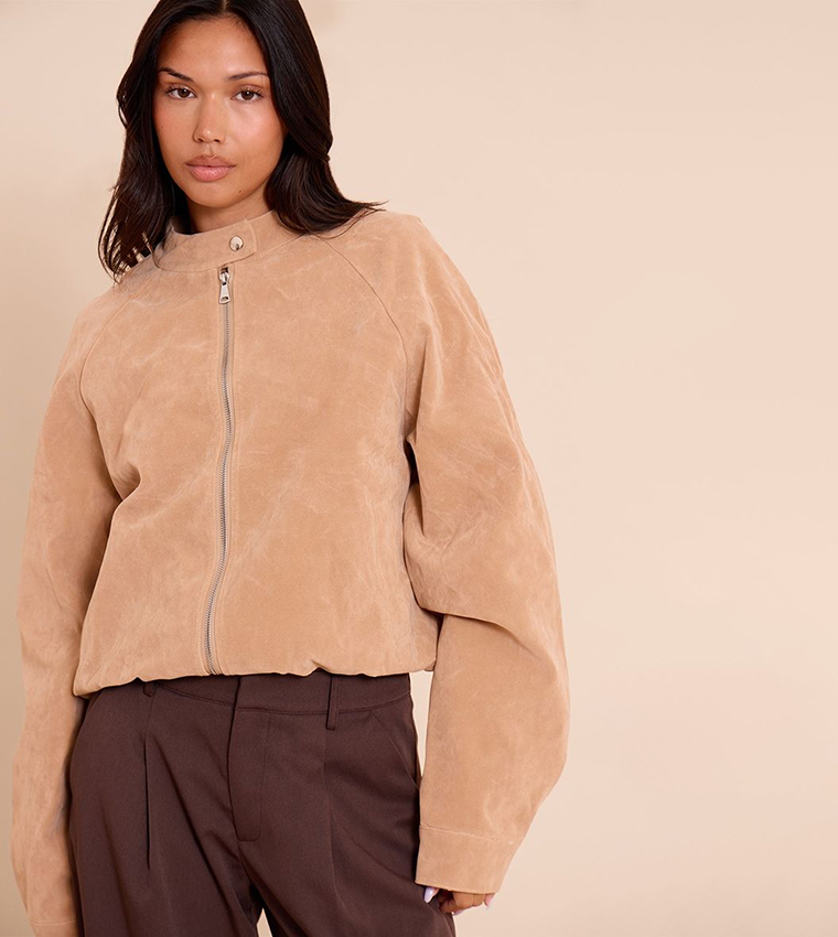 Sand Faux Suede Racer Neck Jacket