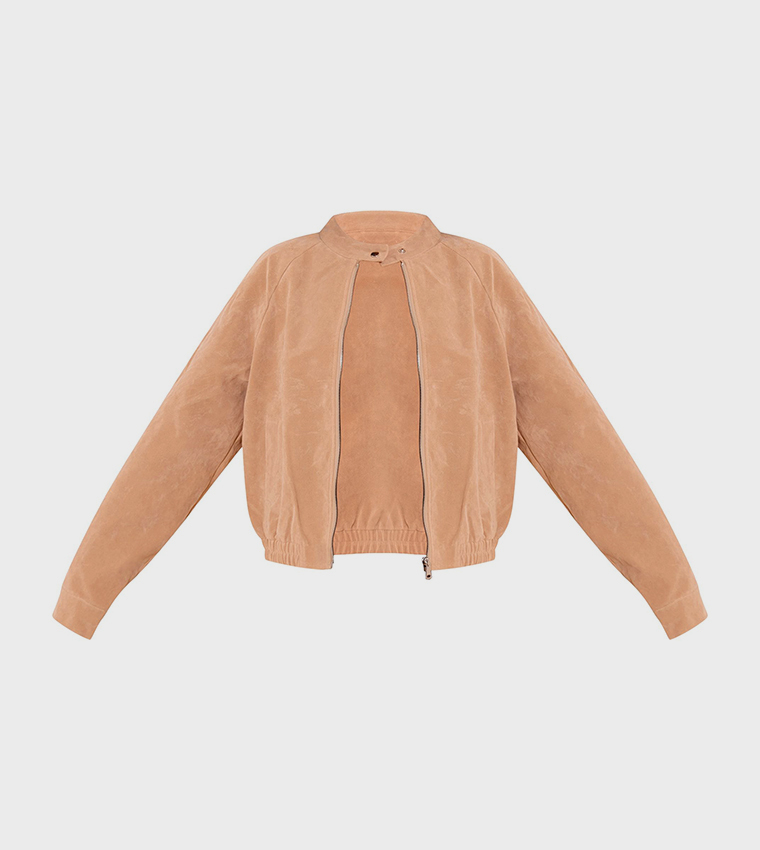 Sand Faux Suede Racer Neck Jacket