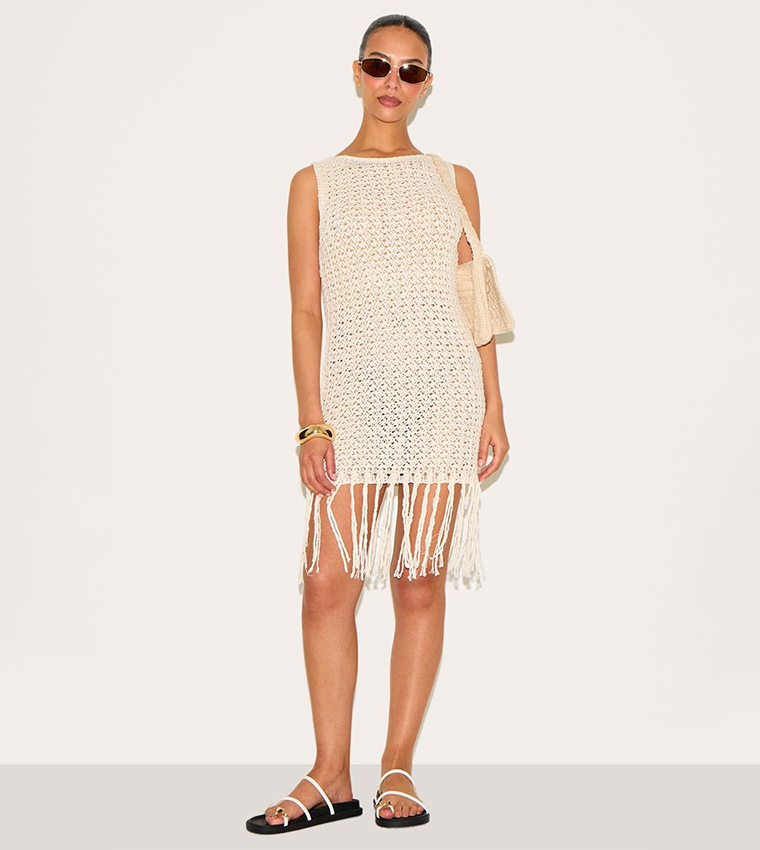 Petite Crochet Boat Neck Tassel Mini Dress