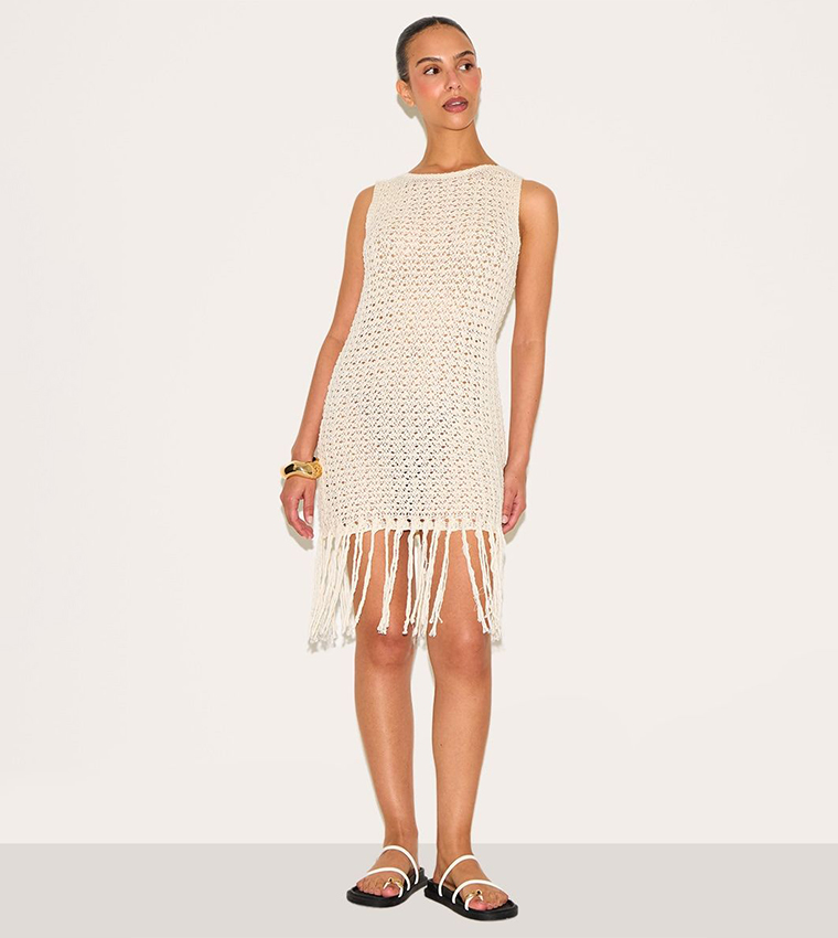 Petite Crochet Boat Neck Tassel Mini Dress
