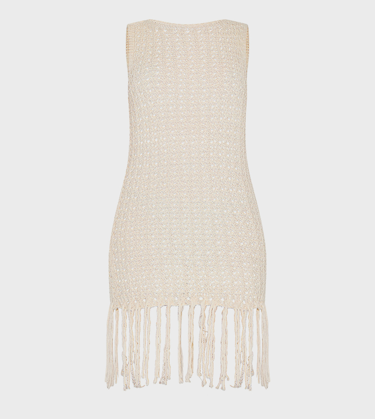 Petite Crochet Boat Neck Tassel Mini Dress