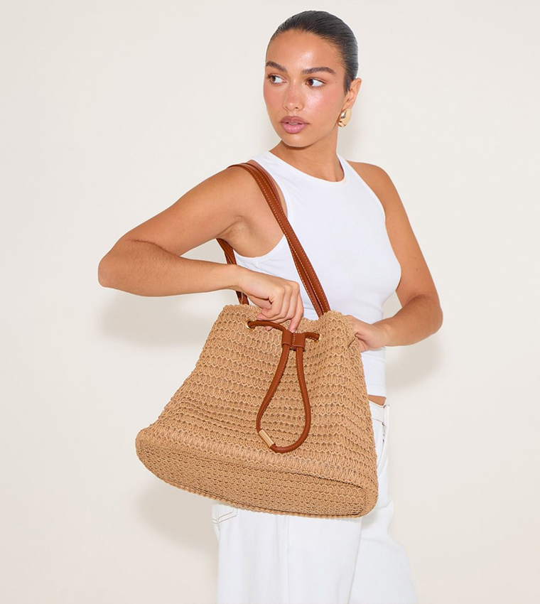 Raffia Drawstring Beach Tote Bag
