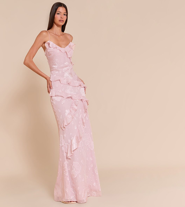 Floral Embroidered Frill Maxi Dress