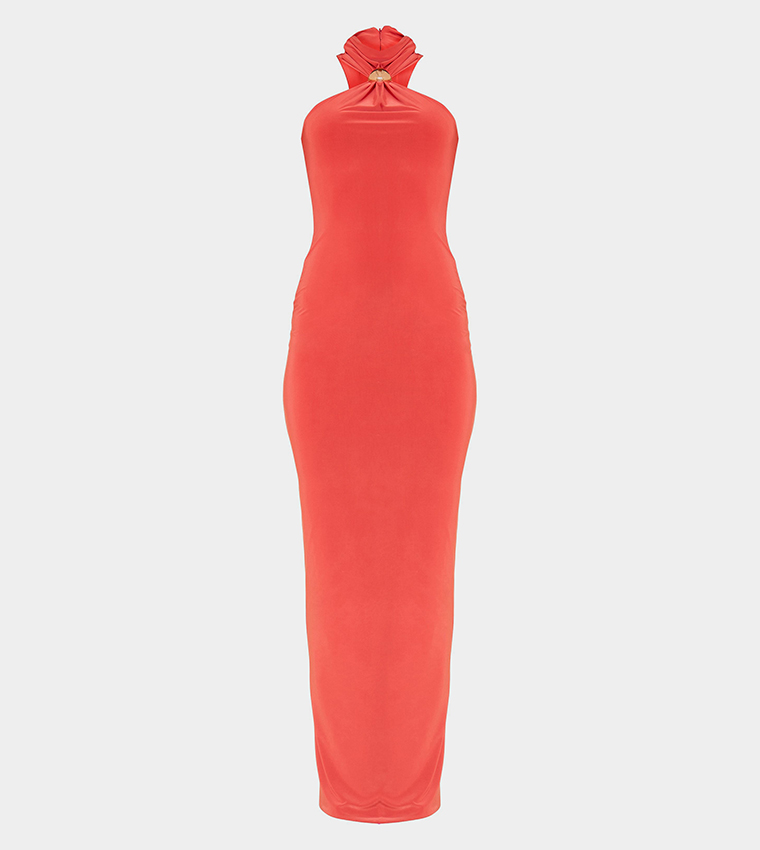 Slinky Halterneck Trim Detail Maxi Dress