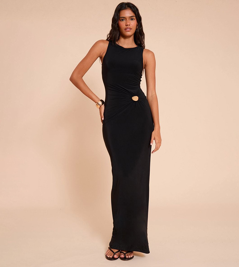 Slinky Gold Trim Sleeveless Maxi Dress