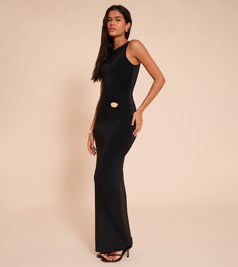Slinky Gold Trim Sleeveless Maxi Dress