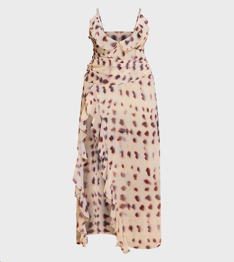 Curve Printed Chiffon Frill Plunge Neck Maxi Dress