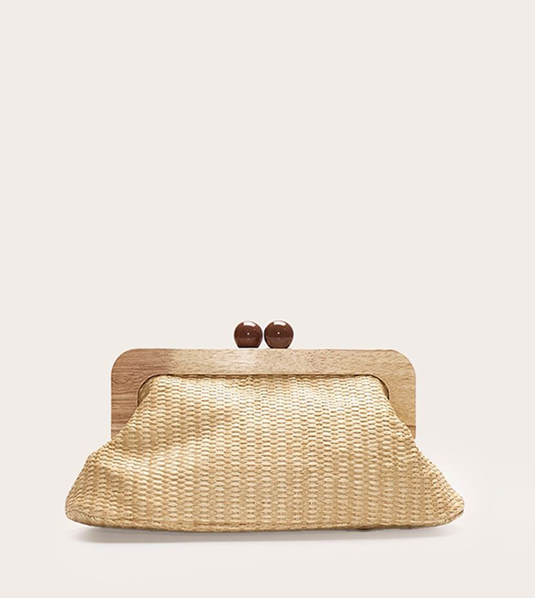 Raffia Clutch Bag with Tortoiseshell Detail