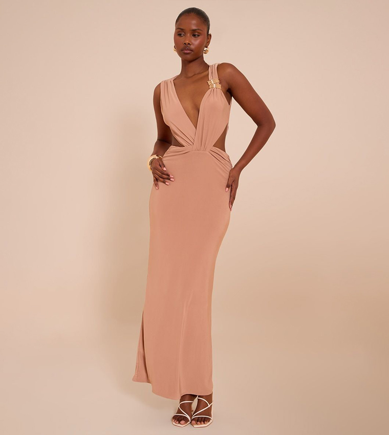 Double Layer Slinky Plunge Cut-Out Maxi Dress