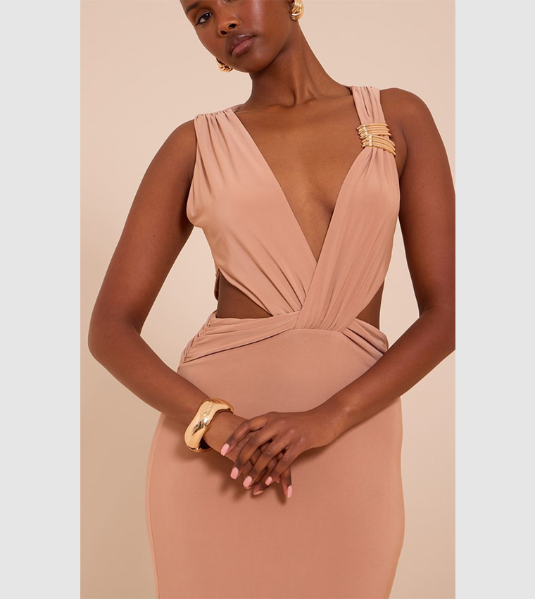 Double Layer Slinky Plunge Cut-Out Maxi Dress