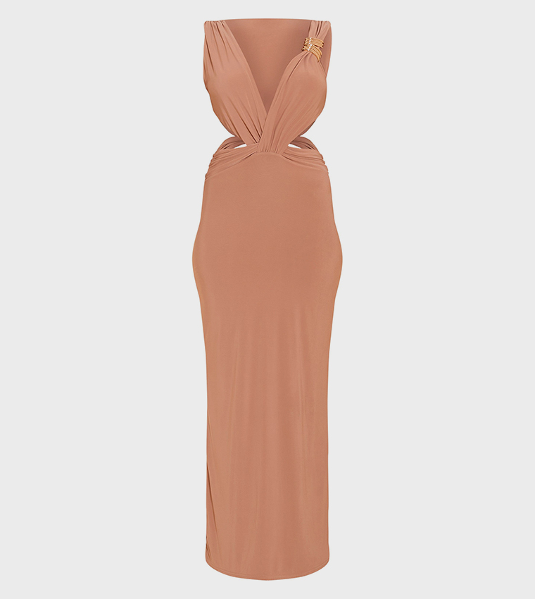 Double Layer Slinky Plunge Cut-Out Maxi Dress