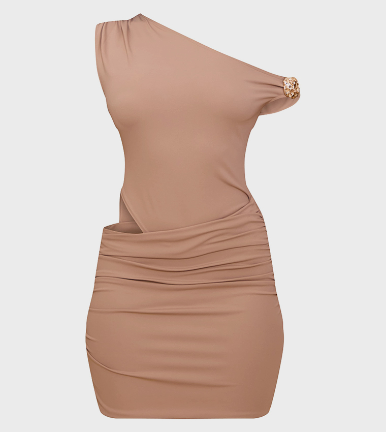 Tan Soft Touch Off Shoulder Ruched Mini Dress