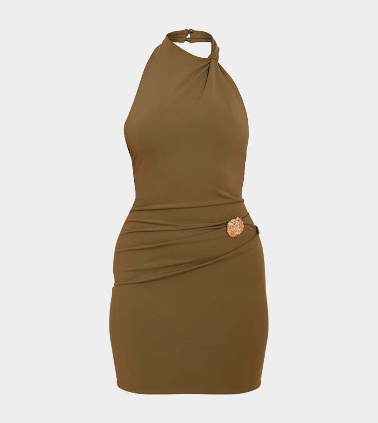 Soft Touch Halter Neck Trim Detail Ruched Mini Dress