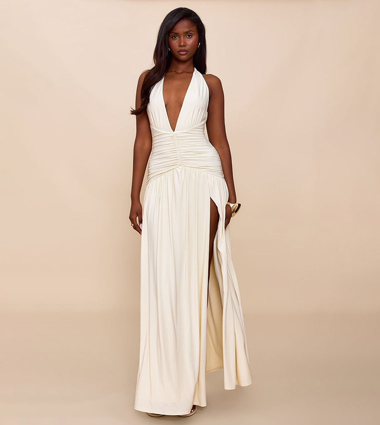 Double Layer Slinky Ruched Maxi Dress