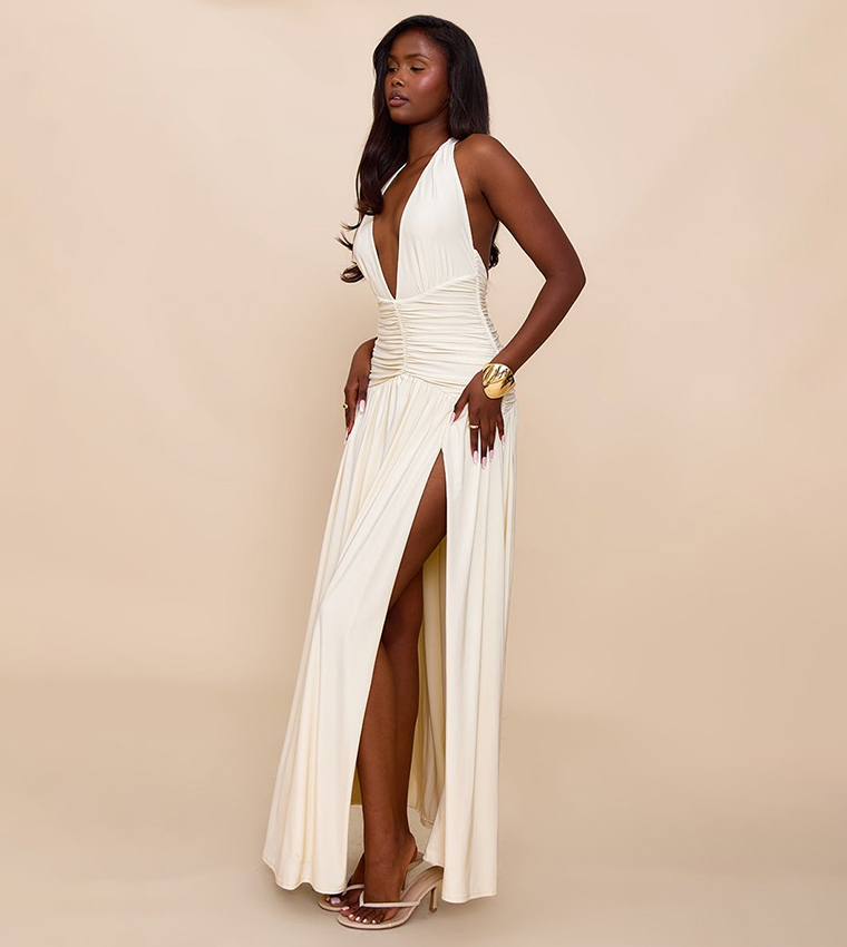 Double Layer Slinky Ruched Maxi Dress
