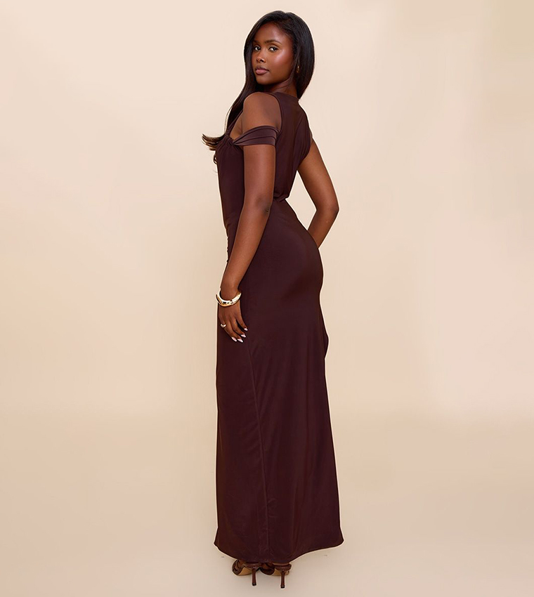 Double Layer Slinky Ruched Shoulder Maxi Dress