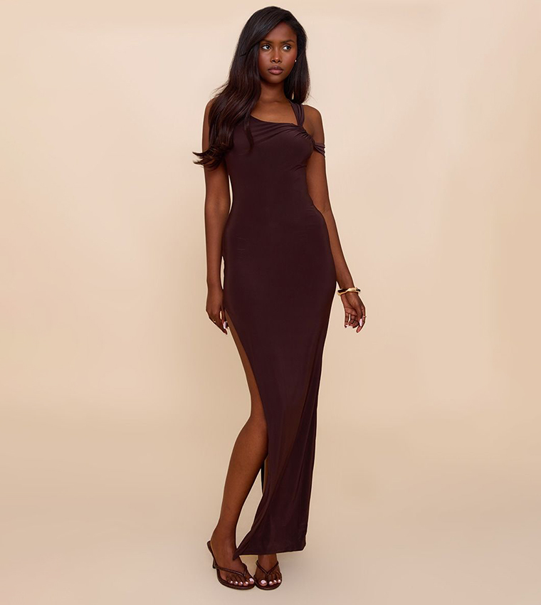 Double Layer Slinky Ruched Shoulder Maxi Dress