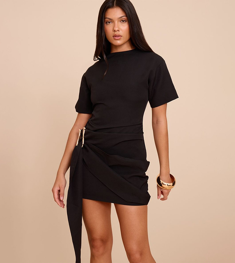 Short Sleeves Trim Wrap Mini Dress