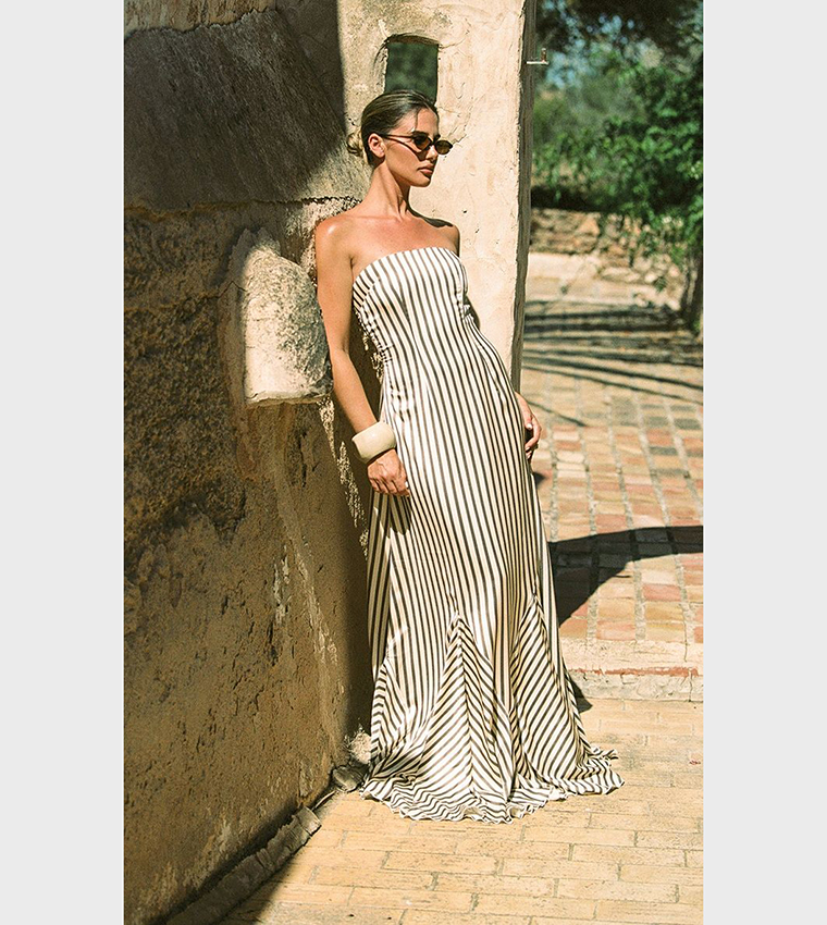 Buy PrettyLittleThing Striped Satin Bandeau Maxi Dress In Khaki
