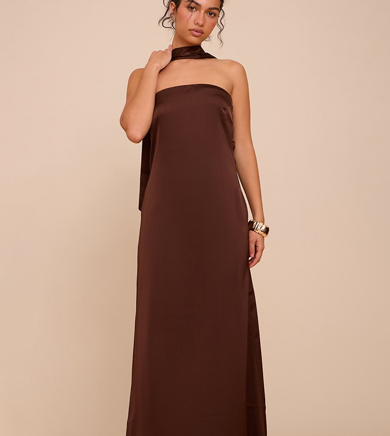 Satin Strapless Scarf Detail Maxi Dress