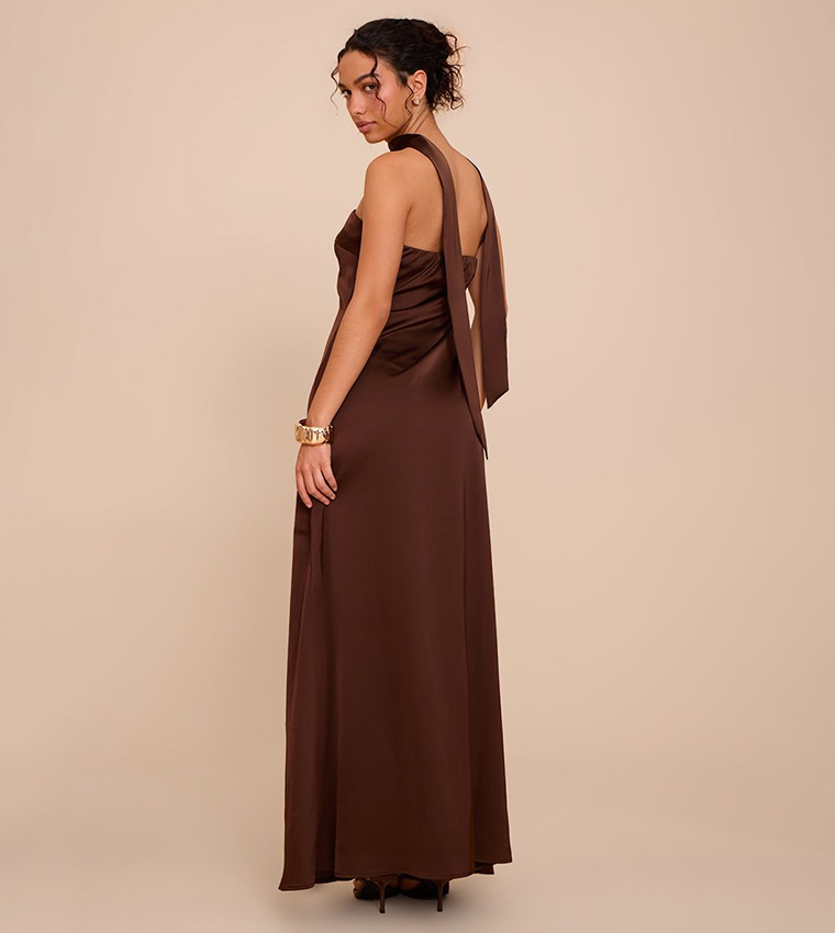 Satin Strapless Scarf Detail Maxi Dress