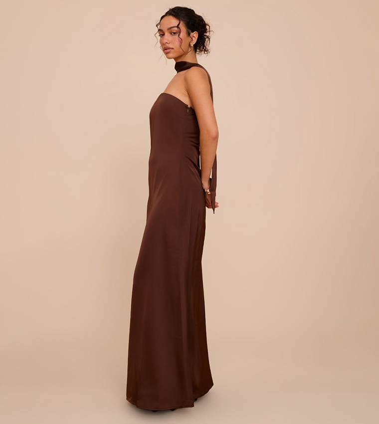 Satin Strapless Scarf Detail Maxi Dress