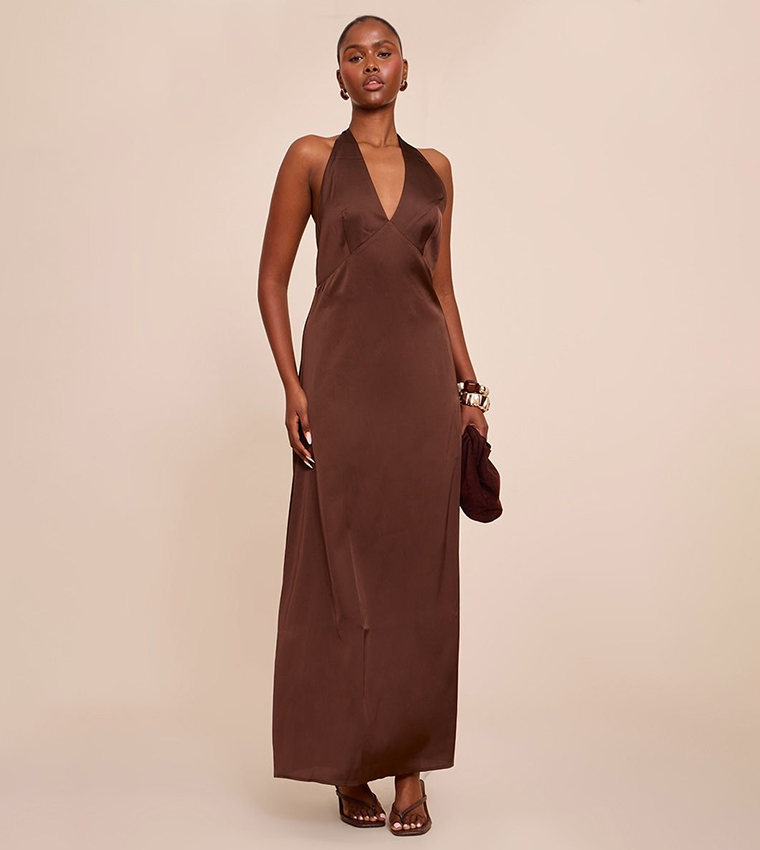 فستان ماكسي ساتان بياقة V