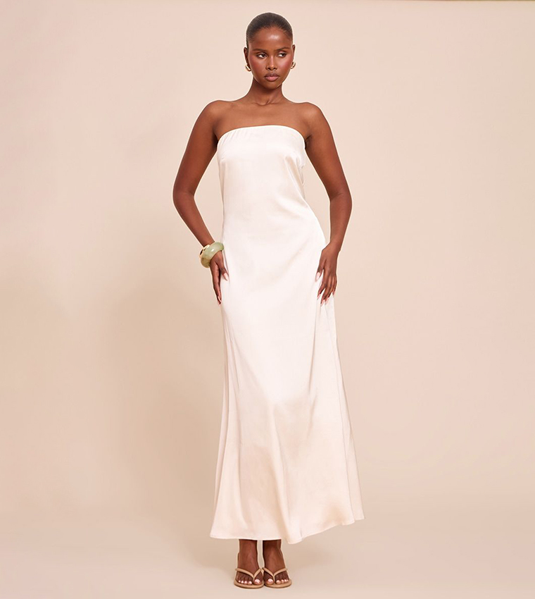 Solid Satin Strapless Maxi Dress
