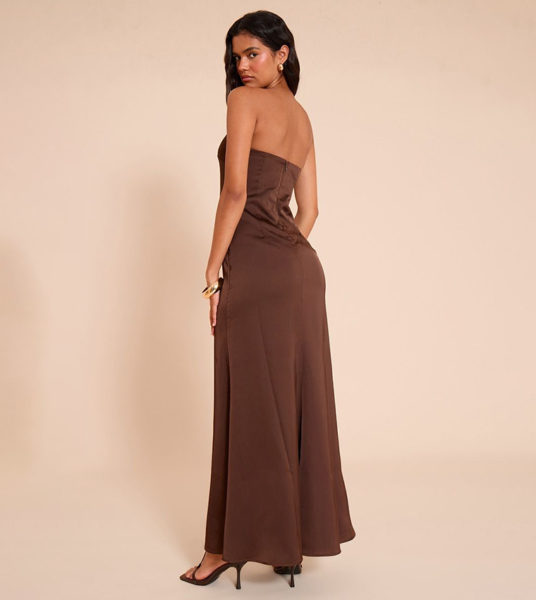 Solid Satin Strapless Maxi Dress