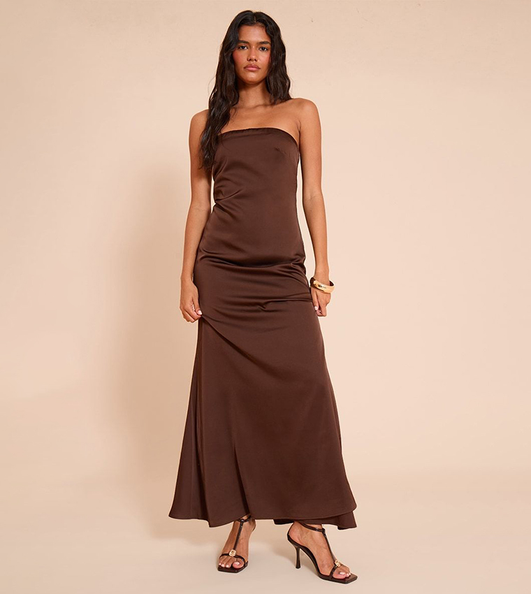 Solid Satin Strapless Maxi Dress