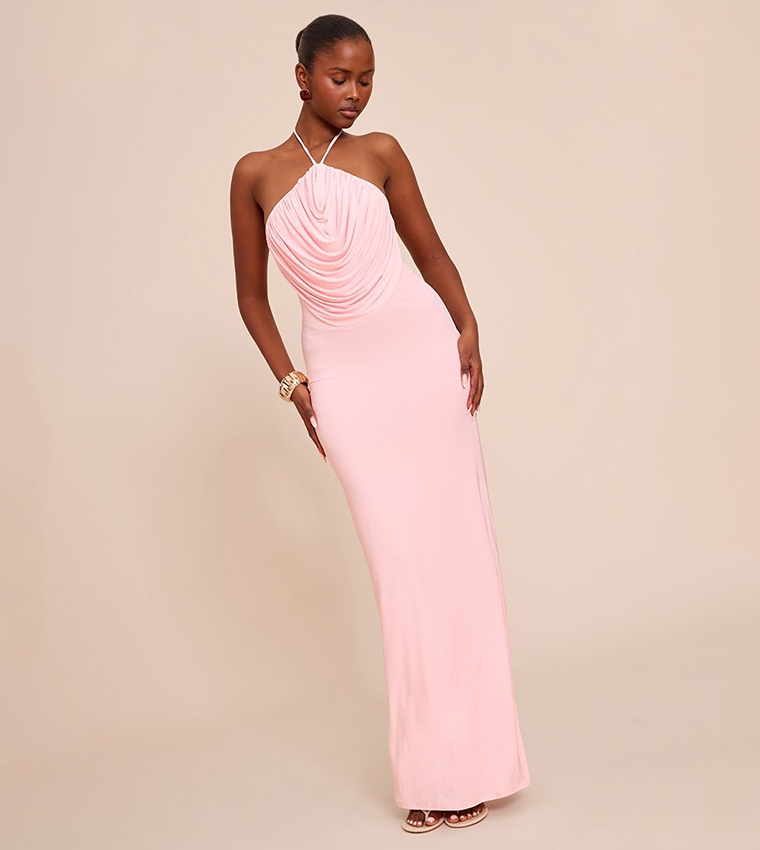 Slinky Halterneck Draped Detail Maxi Dress