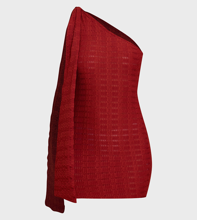 Textured One Shoulder Drape Detail Bodycon Dress