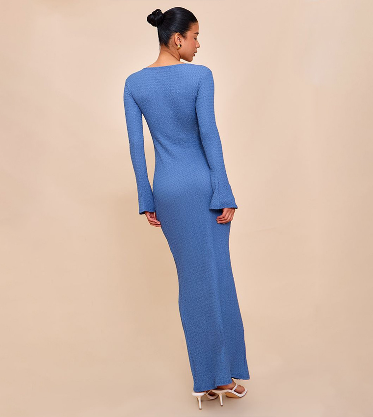 Textured Tie Detail Long Sleeves Maxi Dress