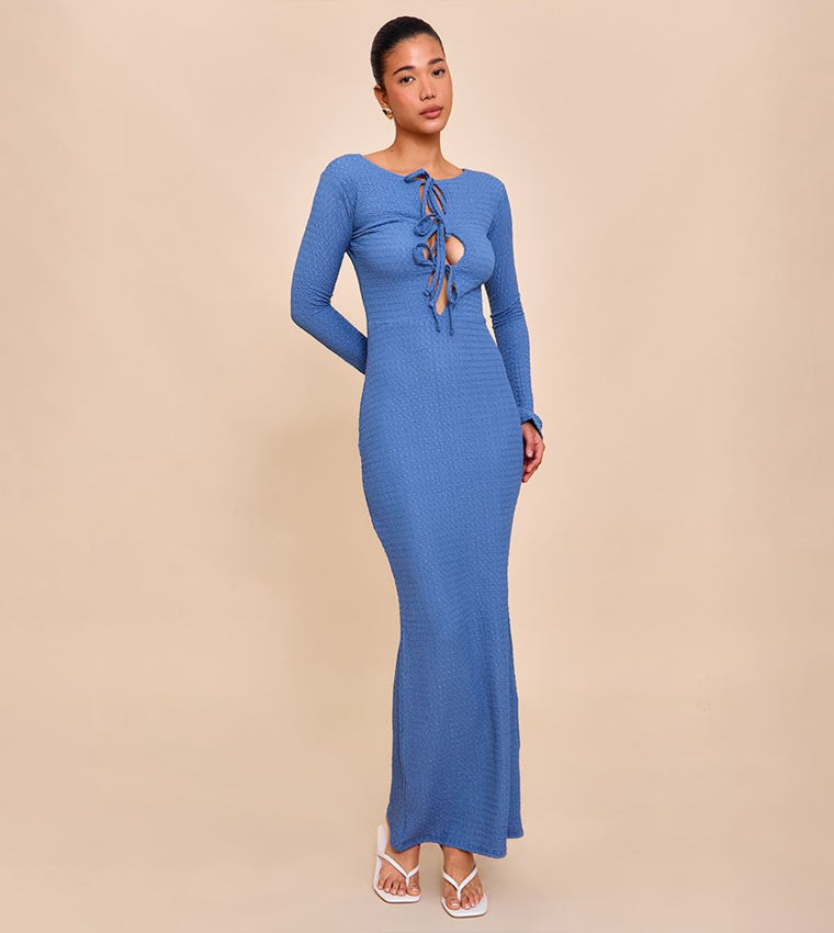 Textured Tie Detail Long Sleeves Maxi Dress
