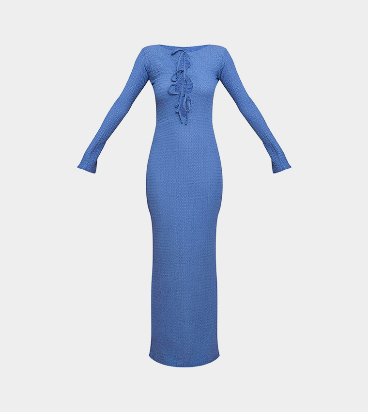 Textured Tie Detail Long Sleeves Maxi Dress