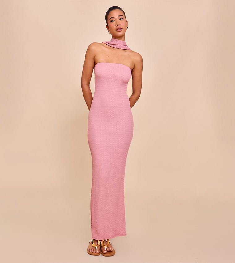 Textured Scarf Detail Bodycon Maxi Dress