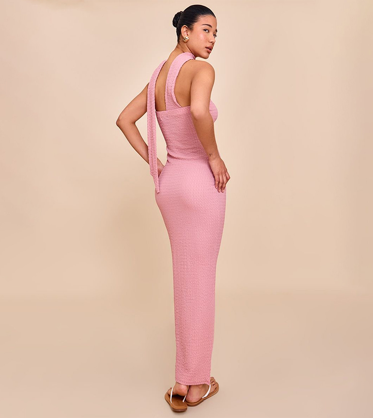 Textured Scarf Detail Bodycon Maxi Dress