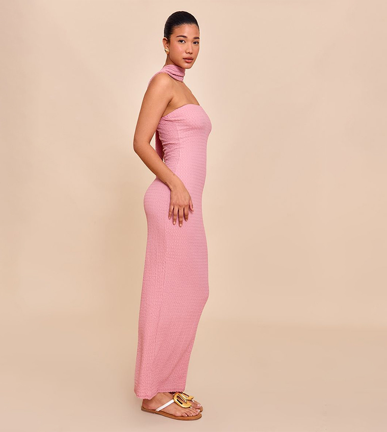 Textured Scarf Detail Bodycon Maxi Dress